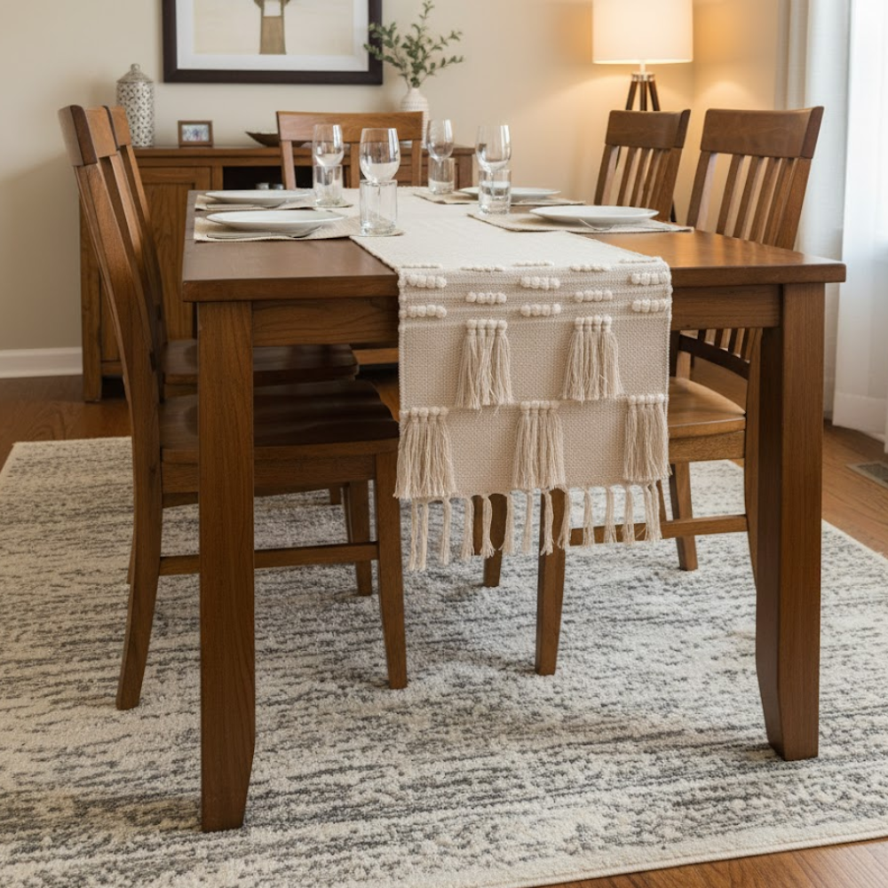 Beige cotton table runner at an angle