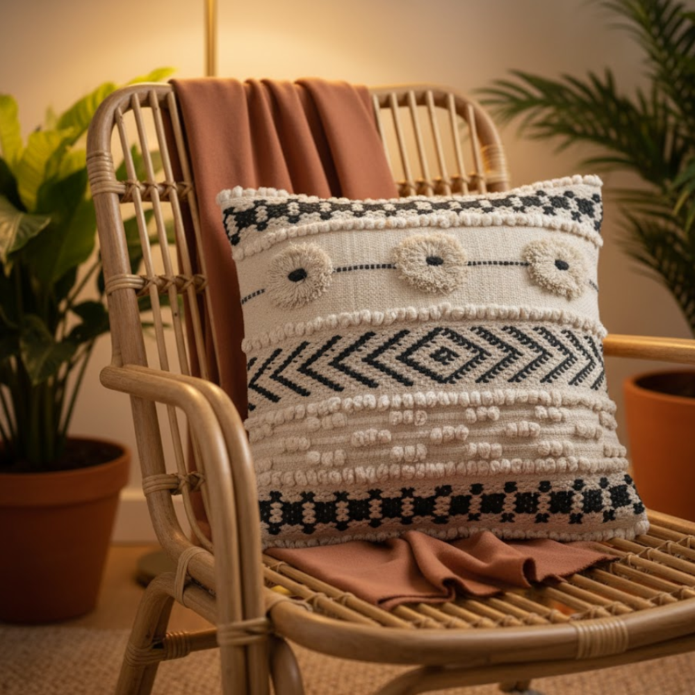 Geometric woven cushion cover at an angle