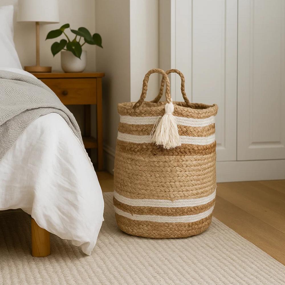 Striped jute basket close-up of white stripes
