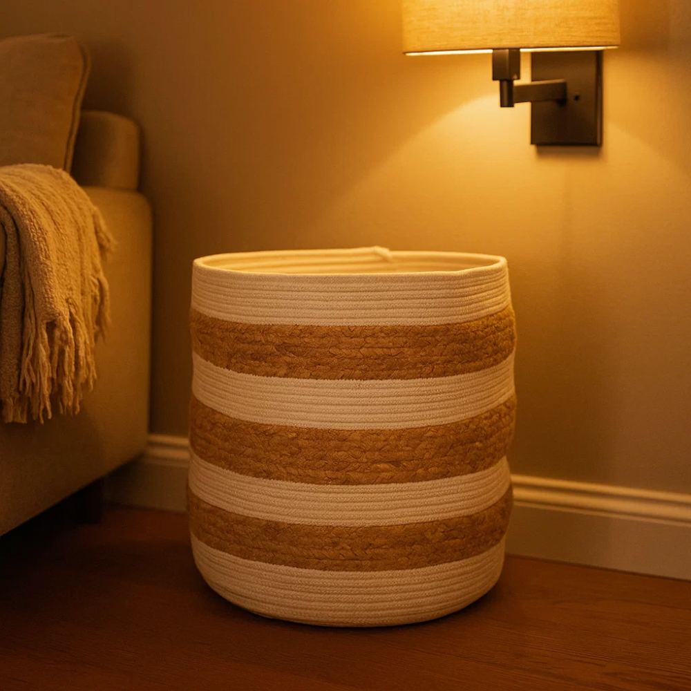 Braided storage basket at an angle
