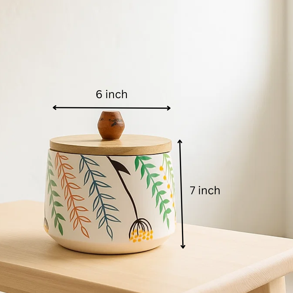 Enamel mango wood canister on kitchen shelf