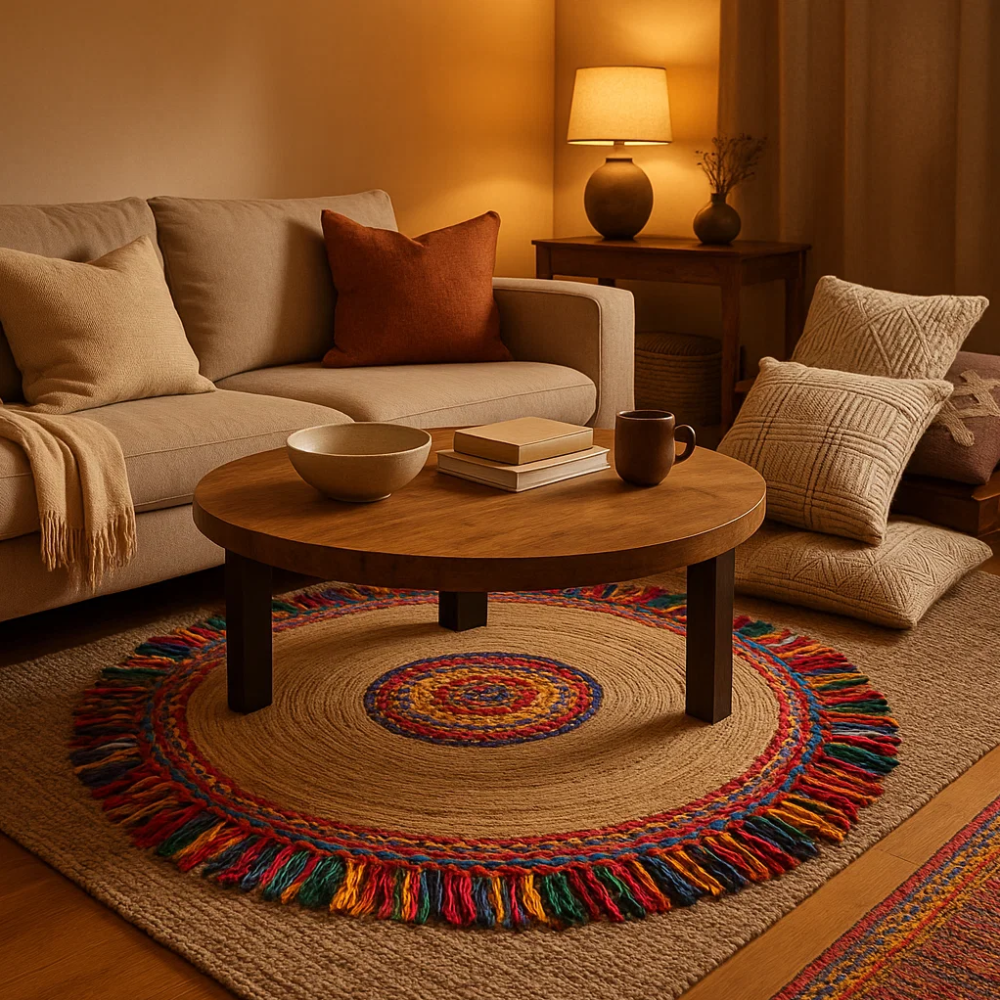 Angled view of the braided cotton and jute rug