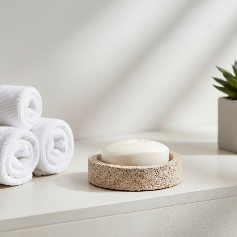 Round concrete soap dish in minimalist bathroom