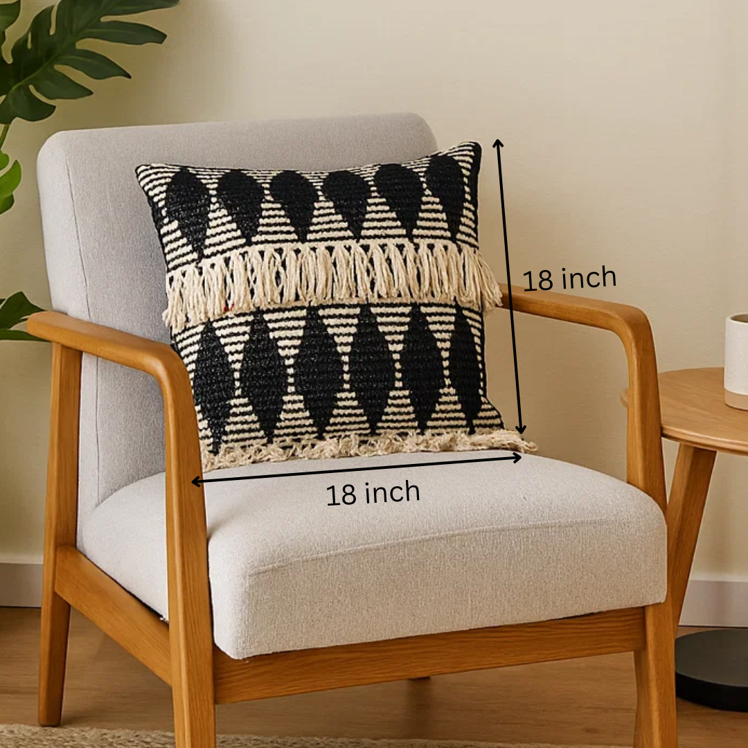 Textured tassel cushion cover at an angle