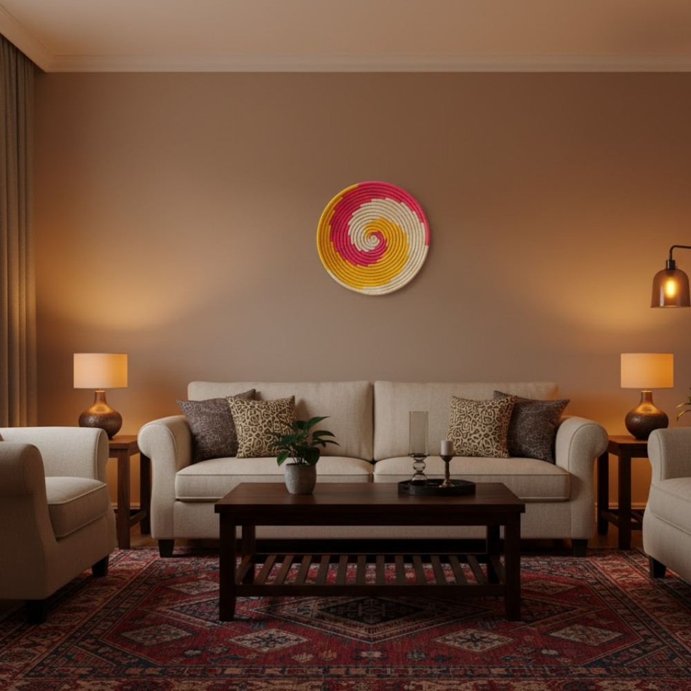 Spiral sabai grass wall plate shown at an angle