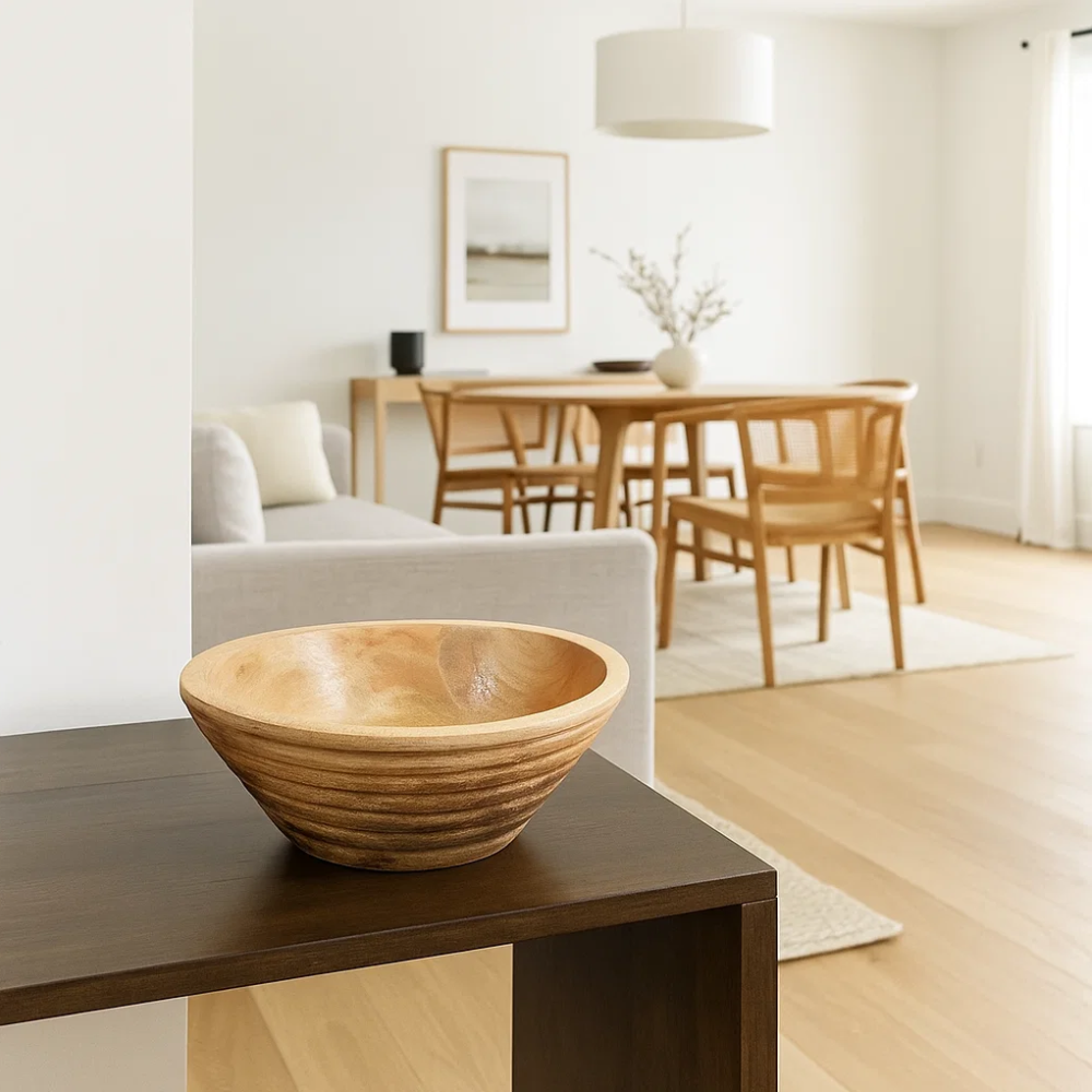 Burnt wood bowl with snacks