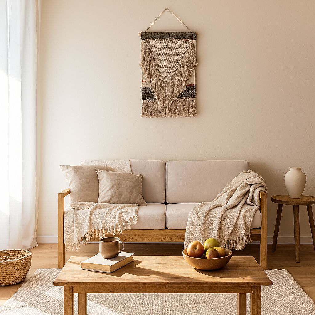 Natural wool and cotton wall hanging in a styled neutral room