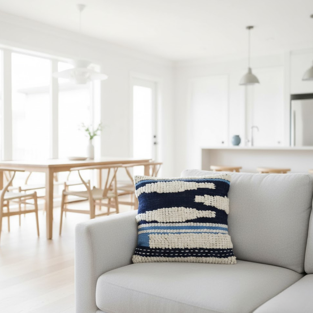 Aqua tufted cushion cover styled on a coastal sofa