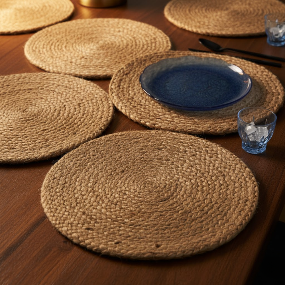 Round jute placemats styled with a plate