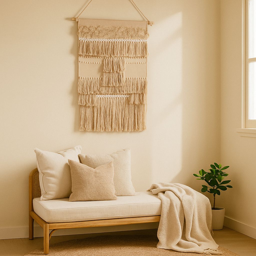 Beige wool and cotton wall hanging styled in a rustic boho interior