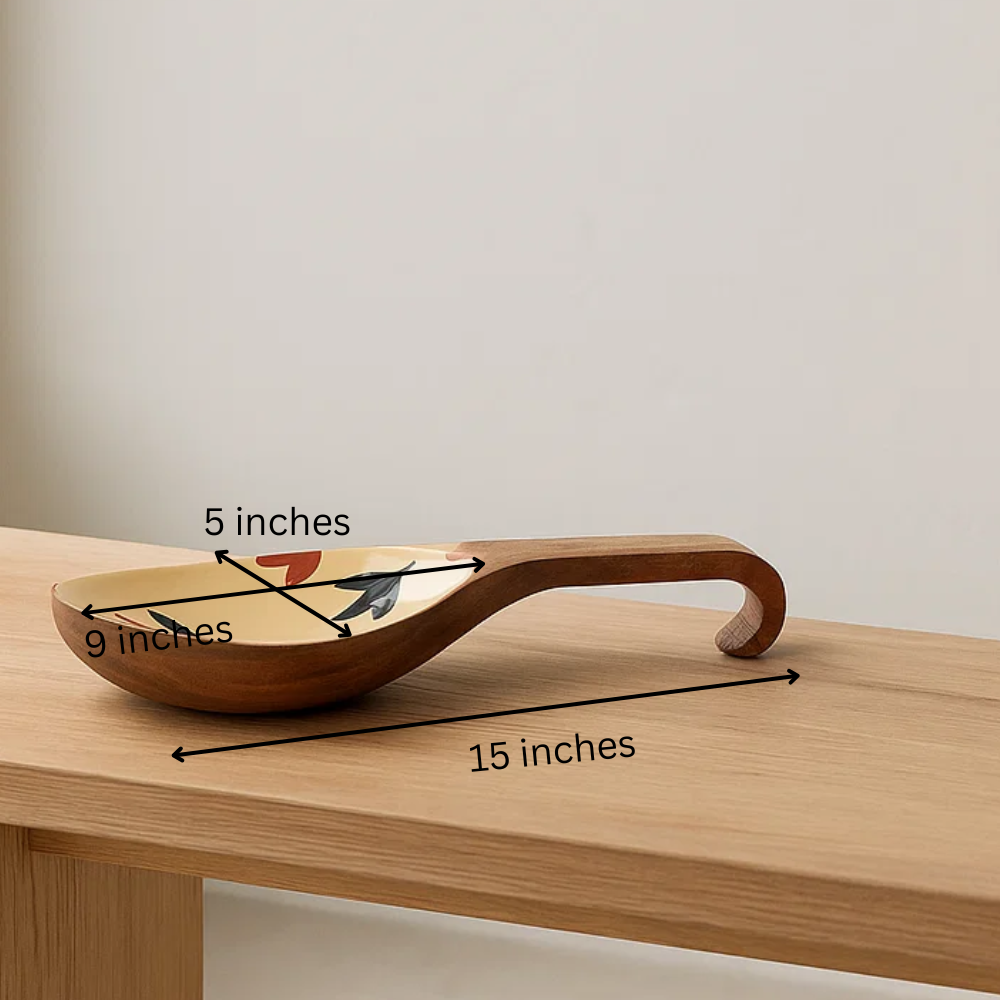 Enamelled wood platter at an angle