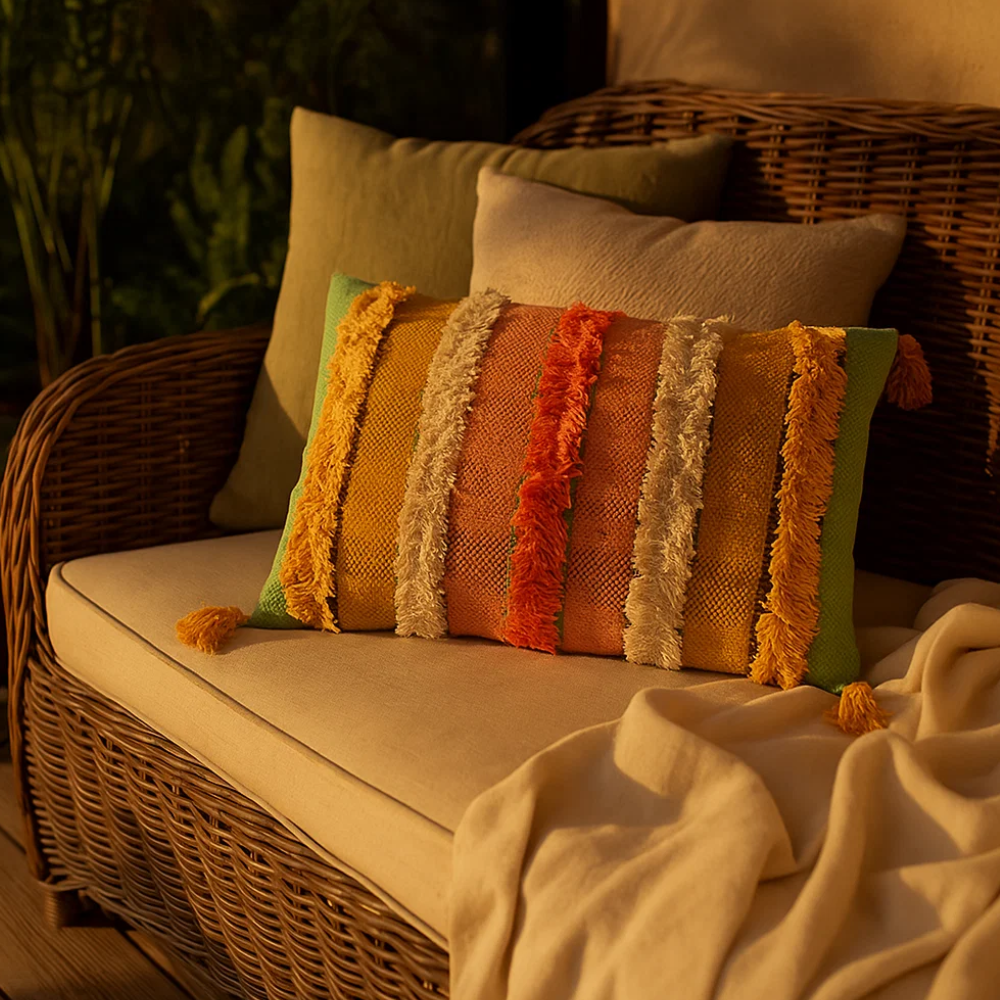 Tufted striped cushion cover at an angle