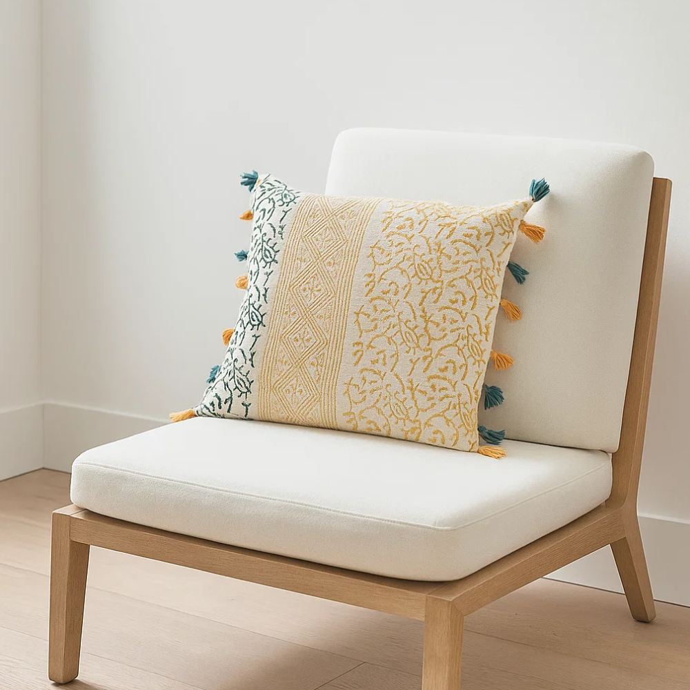 Block printed tassel cushion cover detail of cotton weave