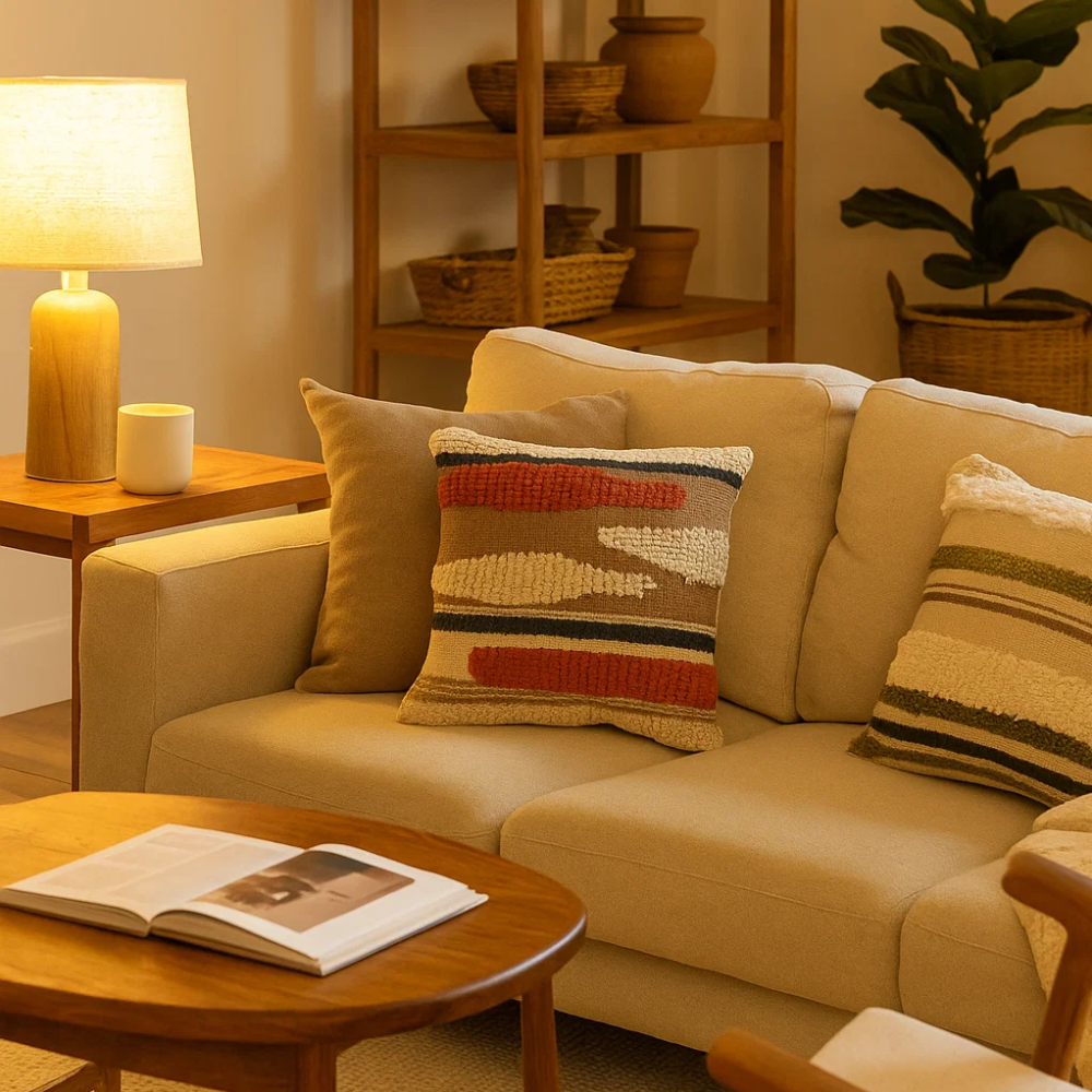 Woven tufted cushion cover paired with other cushions