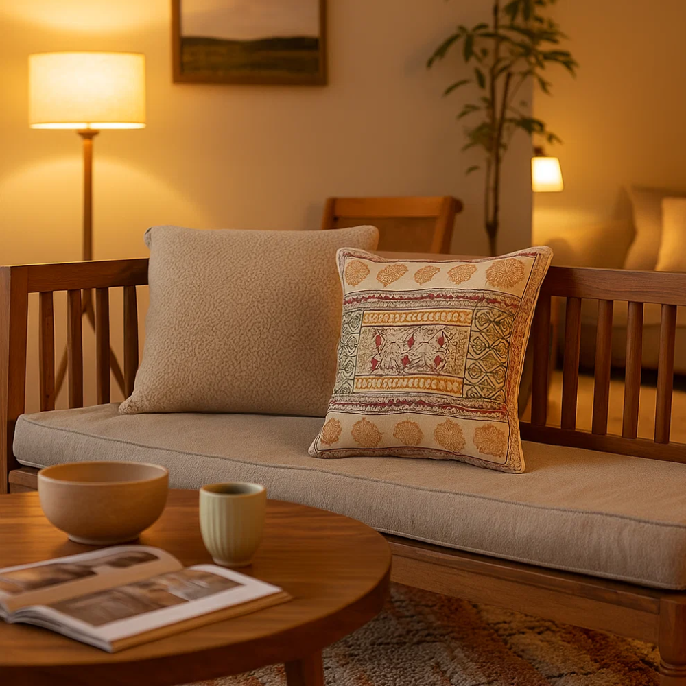 Floral cotton cushion cover in a cottage room