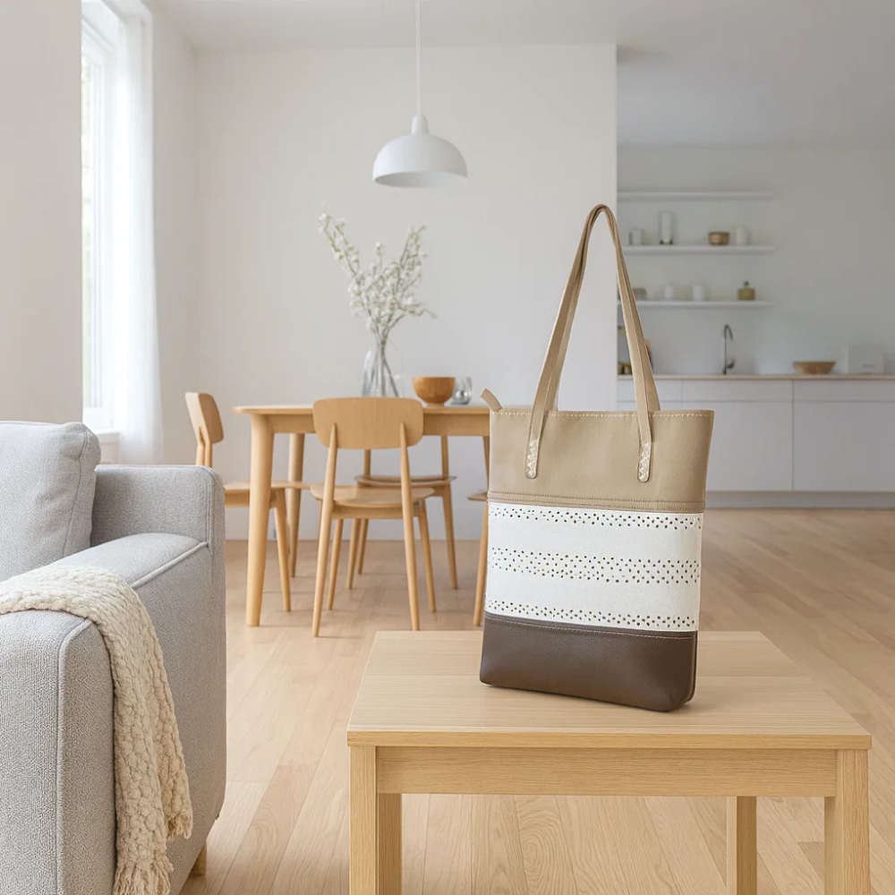 Leather tote bag interior view