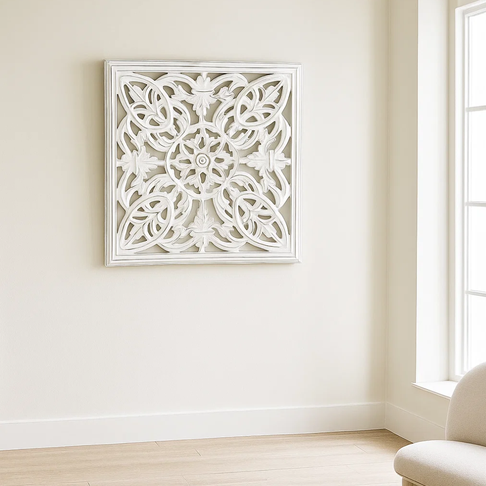 White distressed wall plaque styled in a farmhouse hallway