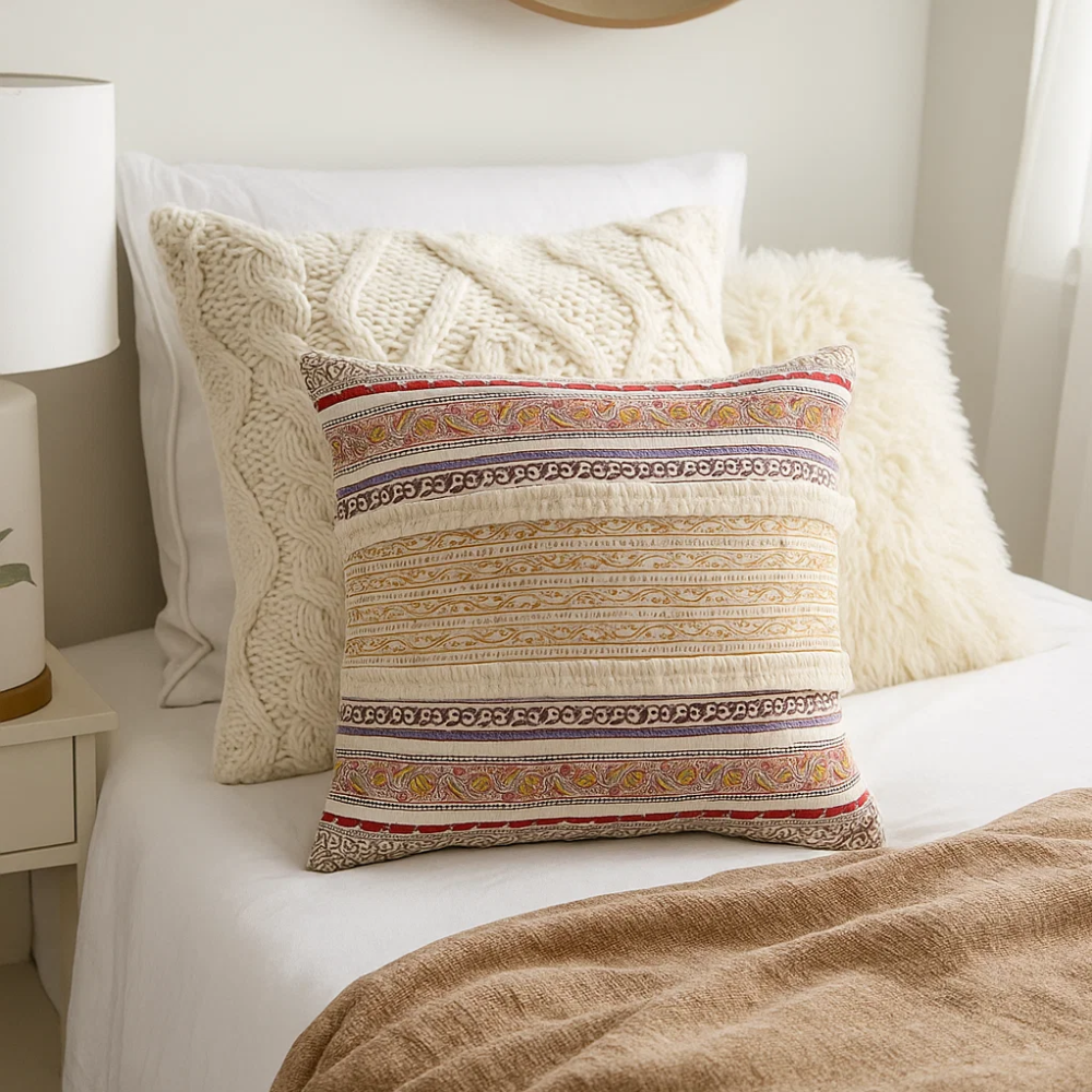 Block printed striped cushion cover at an angle