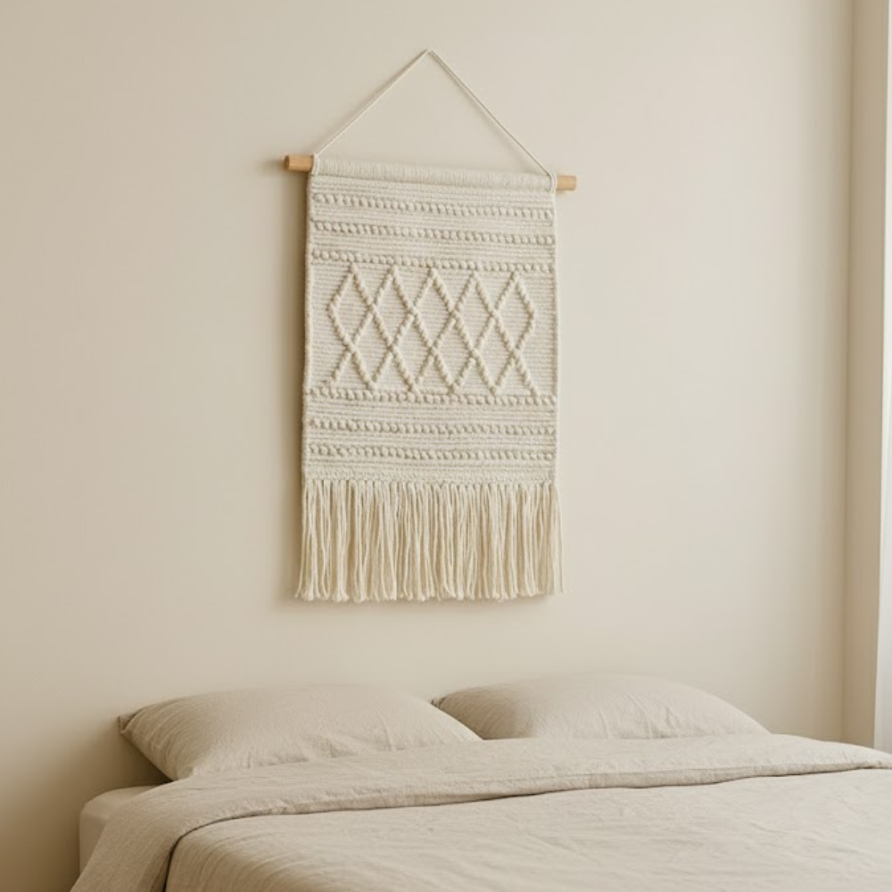 Cream wool and cotton wall hanging in a coastal room