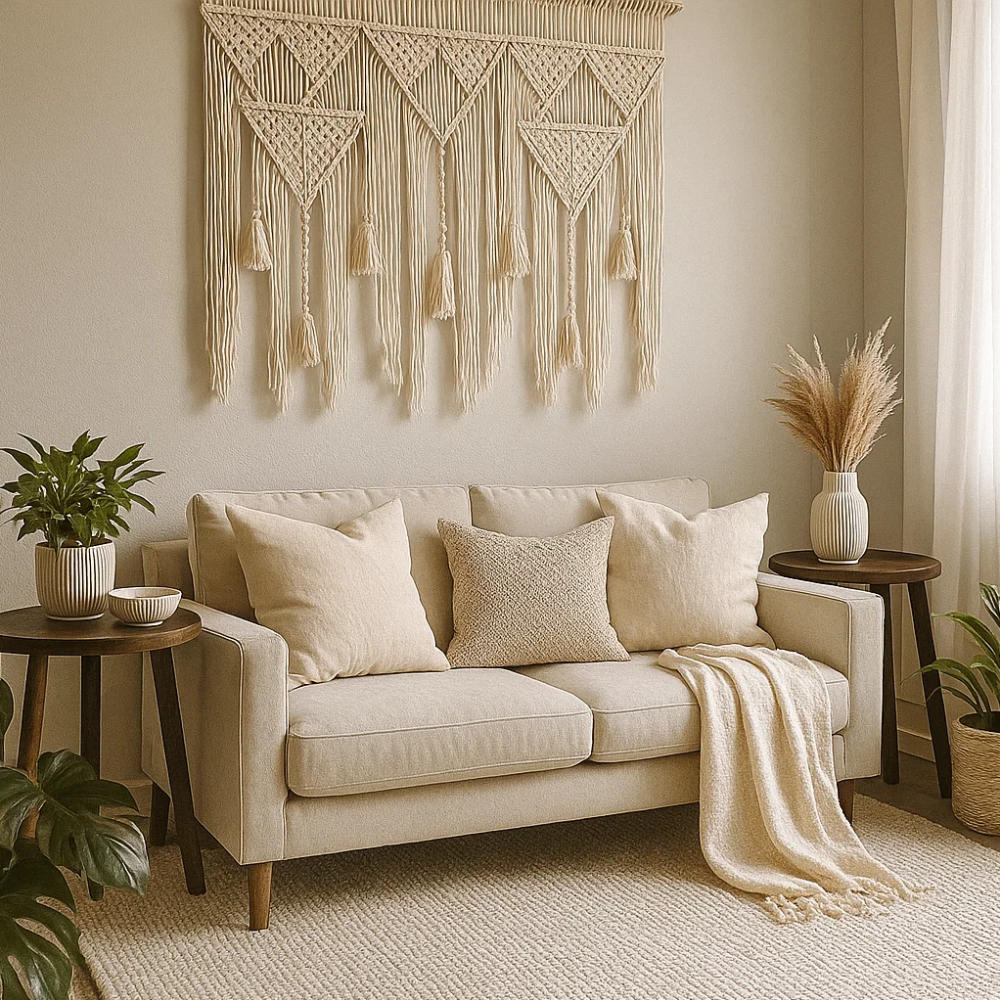 Large macrame leaf wall hanging above a bedhead