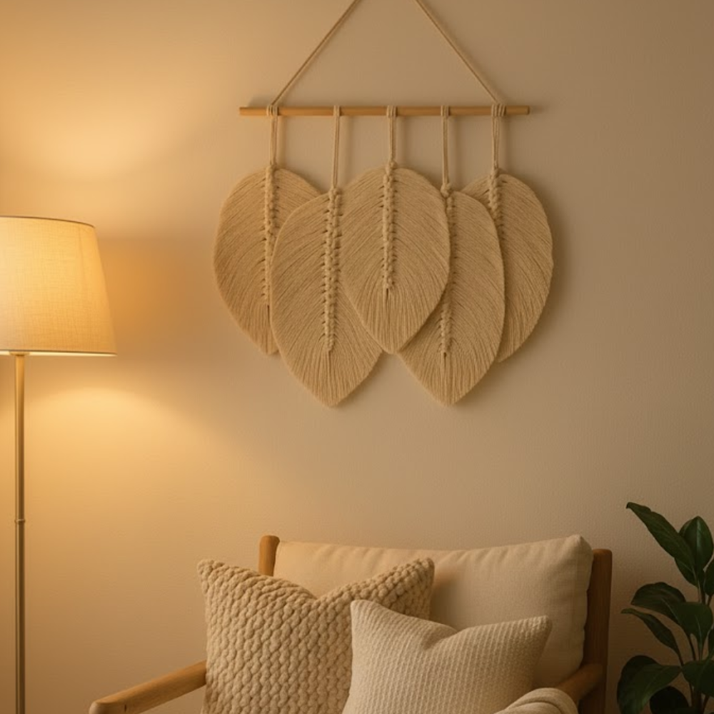 Small macrame leaf wall hanging in a styled bedroom
