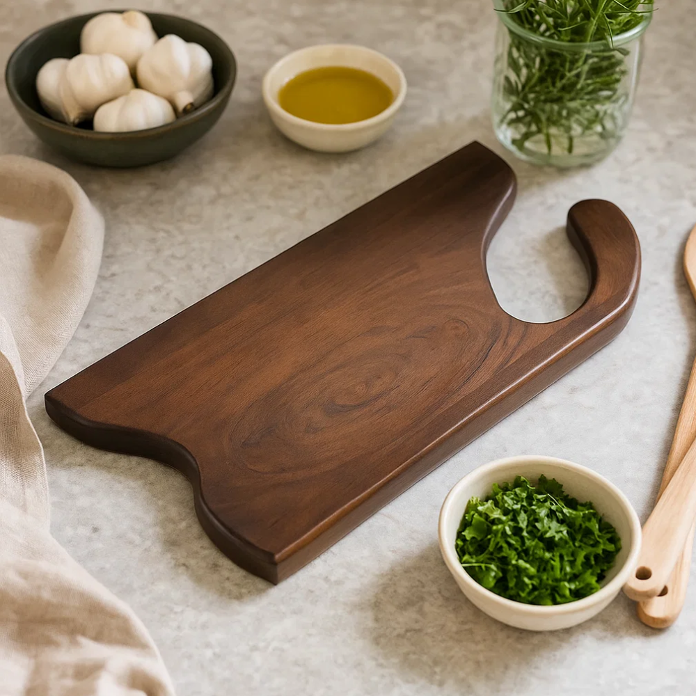 Acacia chopping board at an angle