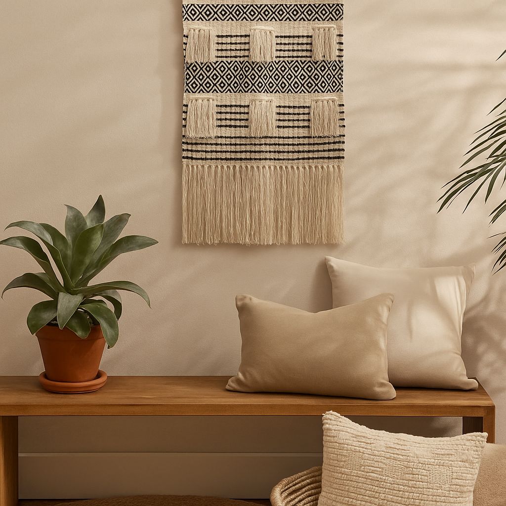 Small geometric cotton fringe wall hanging styled in a cluster gallery wall