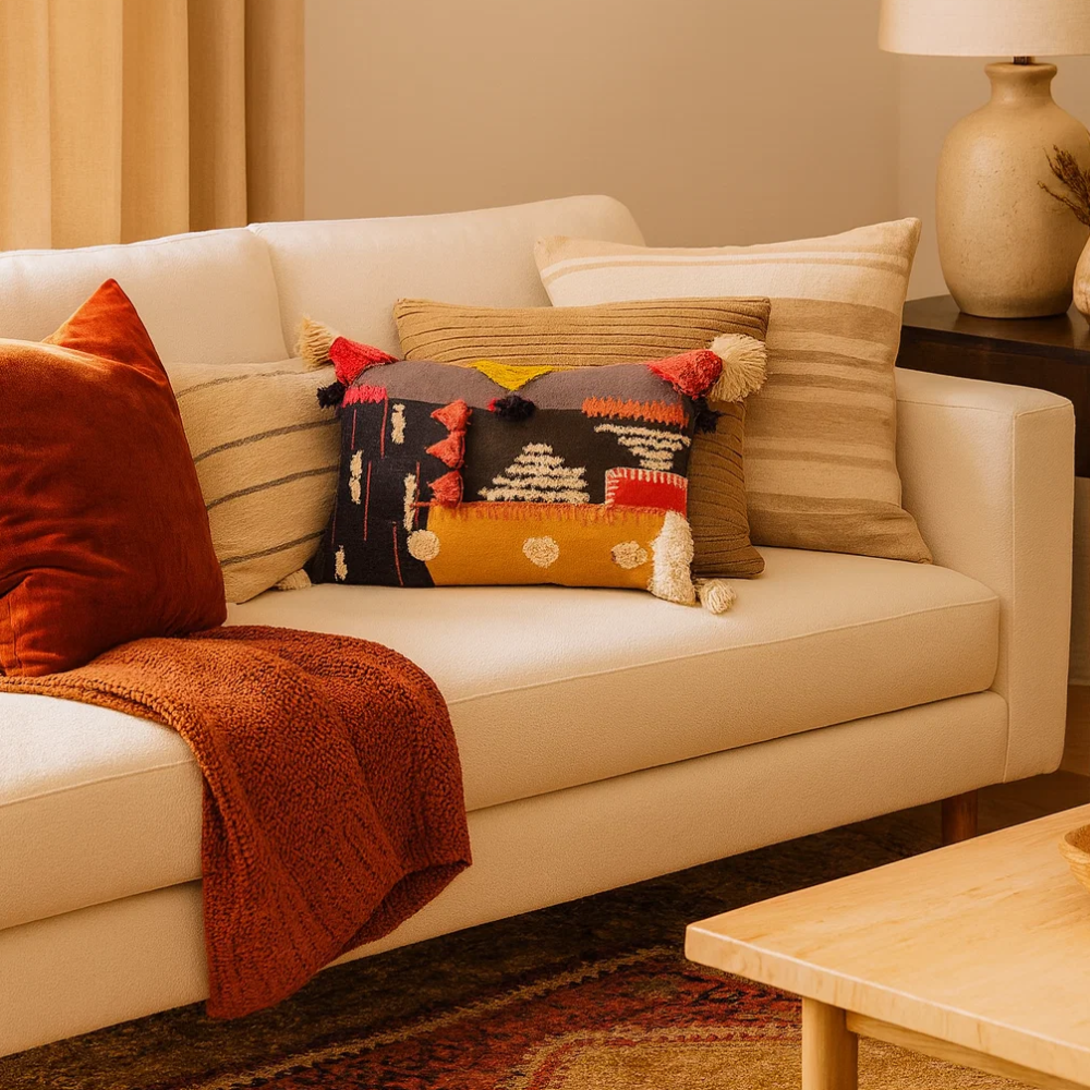 Grey embroidered lumbar cushion cover styled on a sofa
