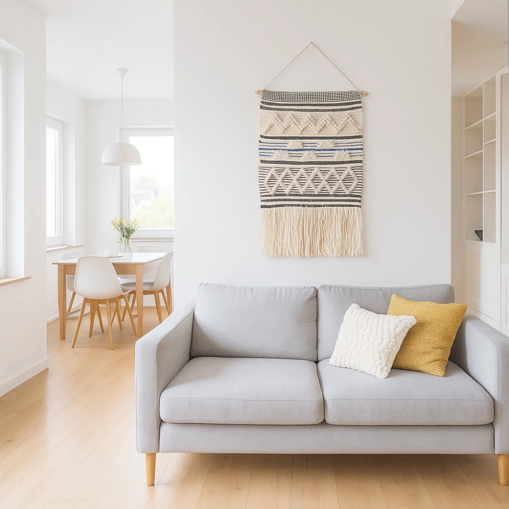 Geometric wool and cotton wall hanging shown at an angle