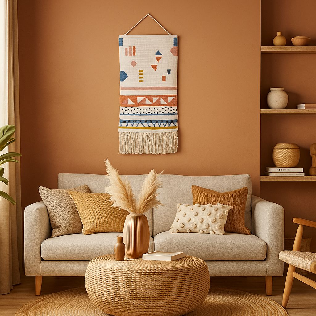 Large tufted wool wall hanging in a styled boho room