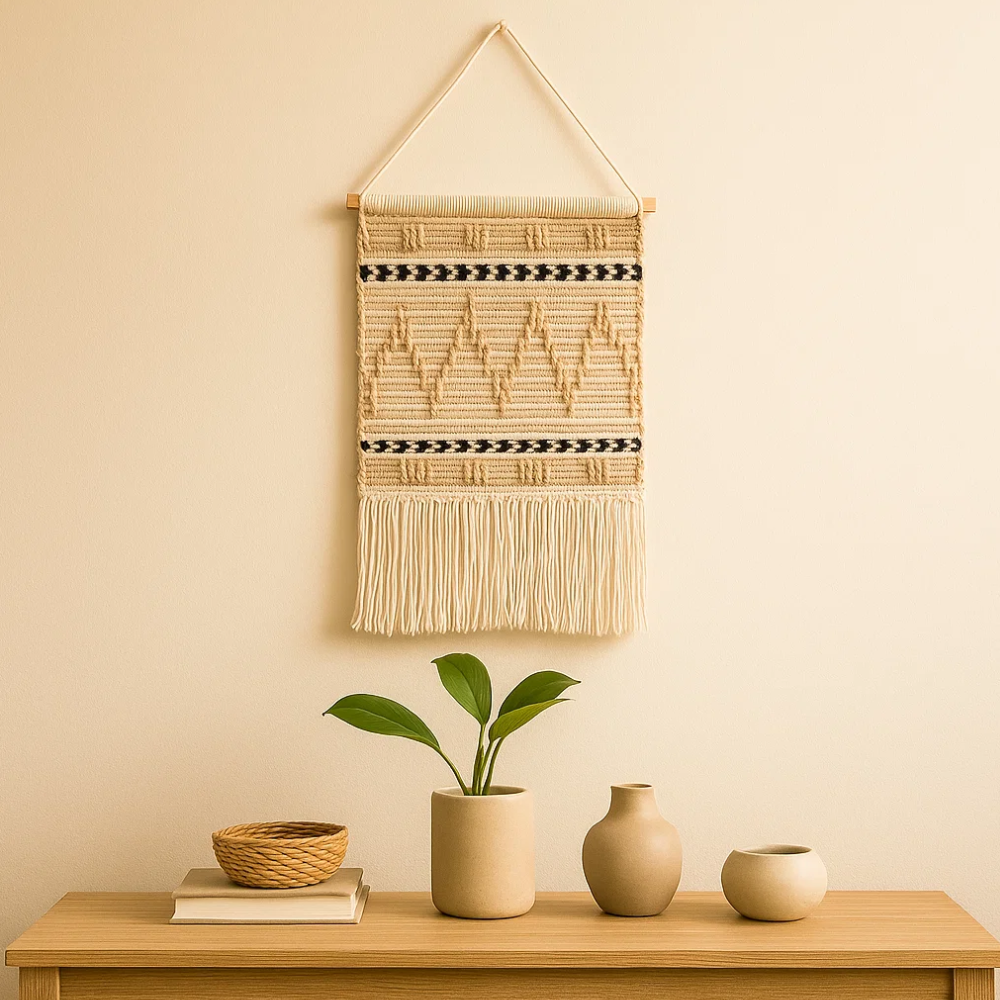 Sandy chevron wall hanging above a sofa