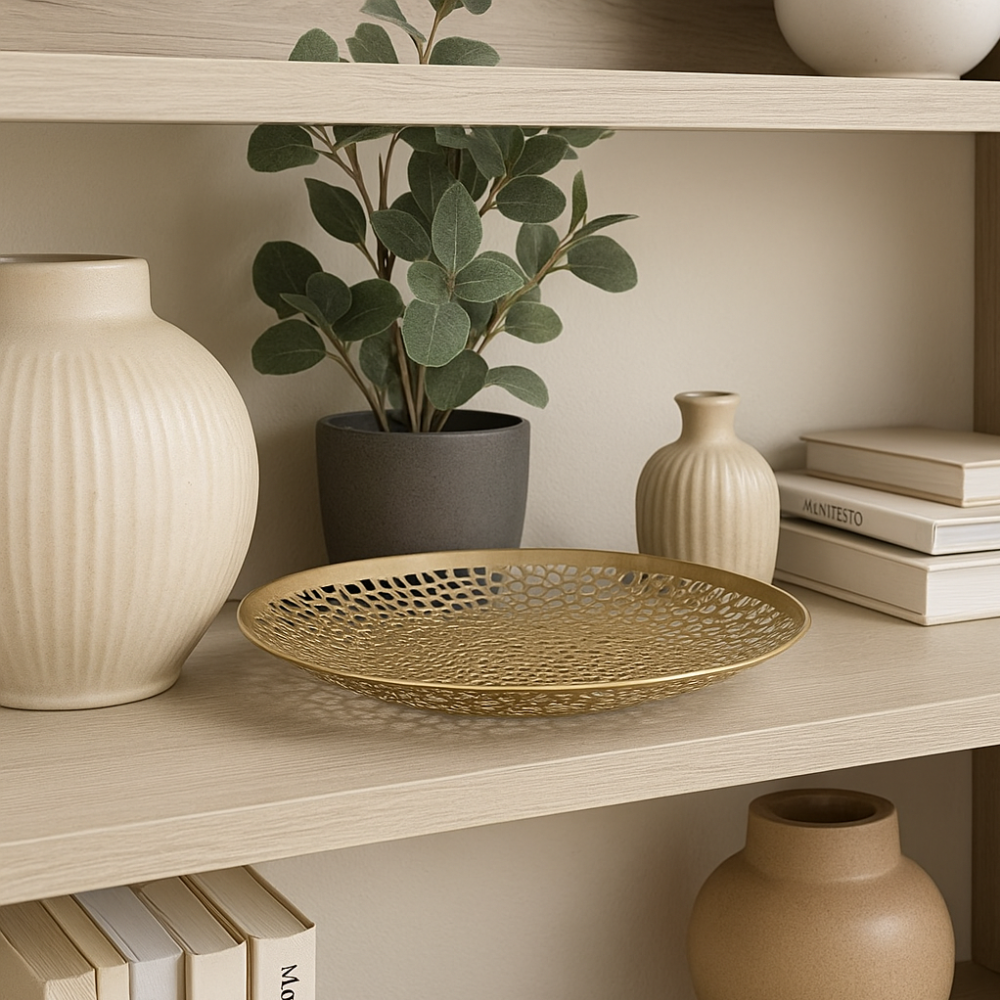 Decorative iron tray styled on a table