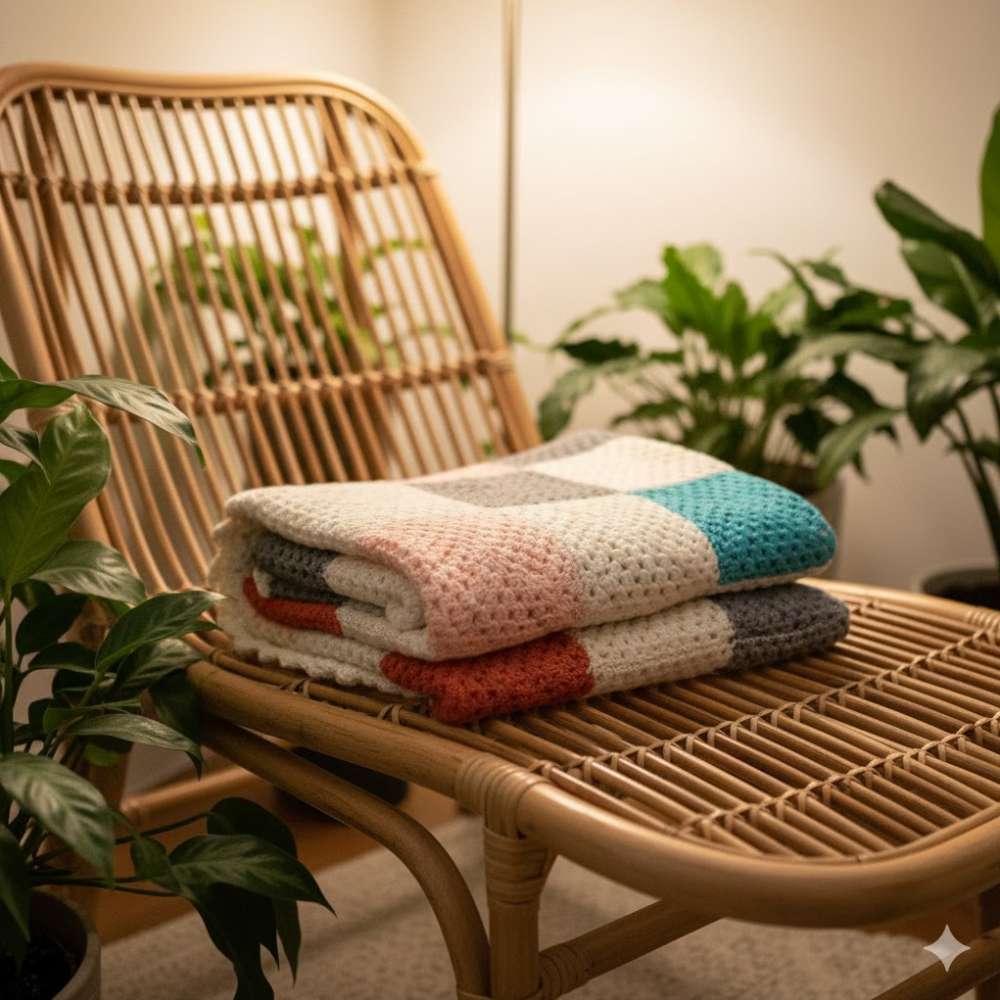 Geometric crochet throw on a sofa