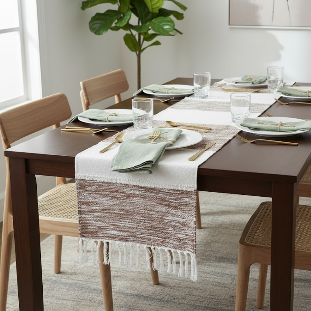 Striped cotton table runner at an angle