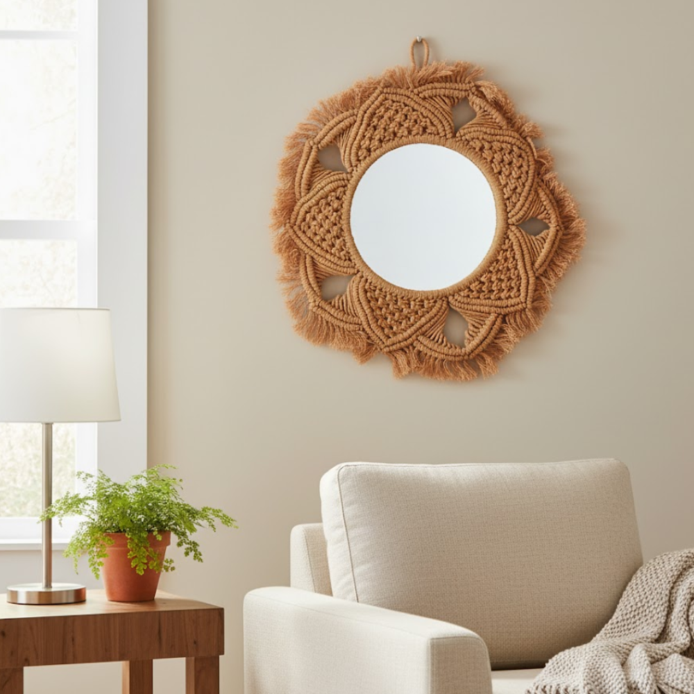 Macrame star mirror on wall