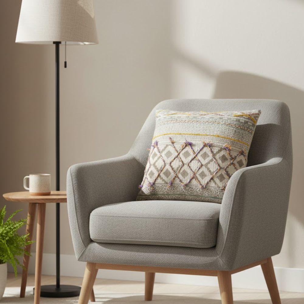 Maximal geometric cushion cover styled on a sofa