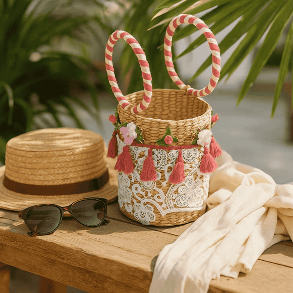 Floral Lace Tasseled Woven Bucket Bag – Handcrafted Cane Elegance