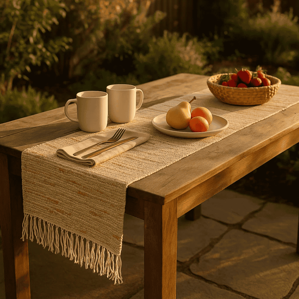 Earthy cotton table runner top view