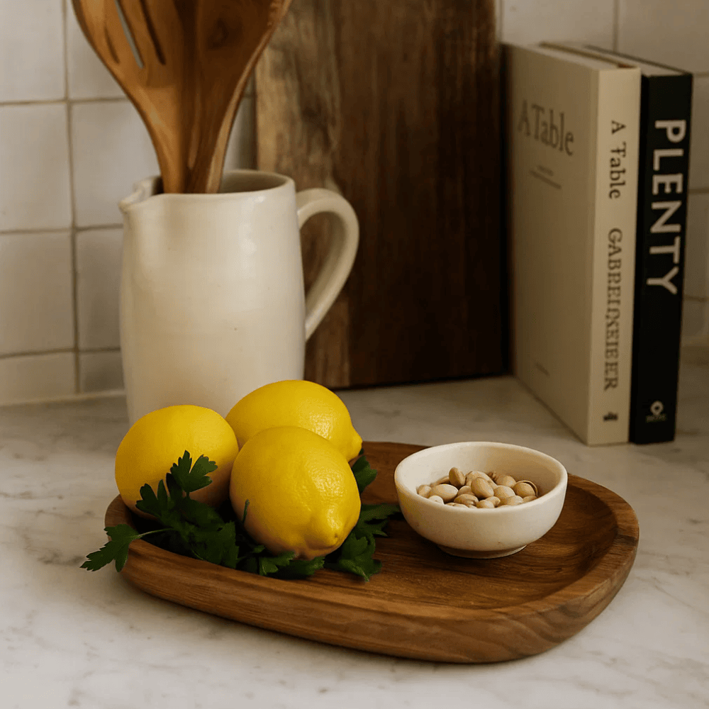 Acacia wood platter at an angle
