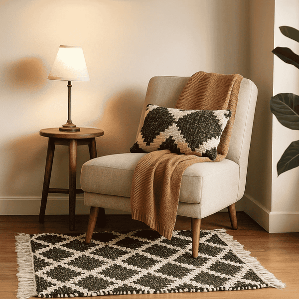 Handwoven Cotton Tasseled Rug – Lattice Monochrome Texture