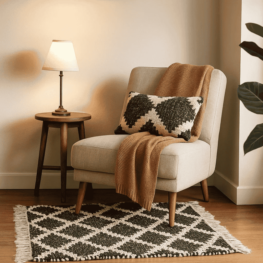 Full view of the handwoven cotton tasseled rug