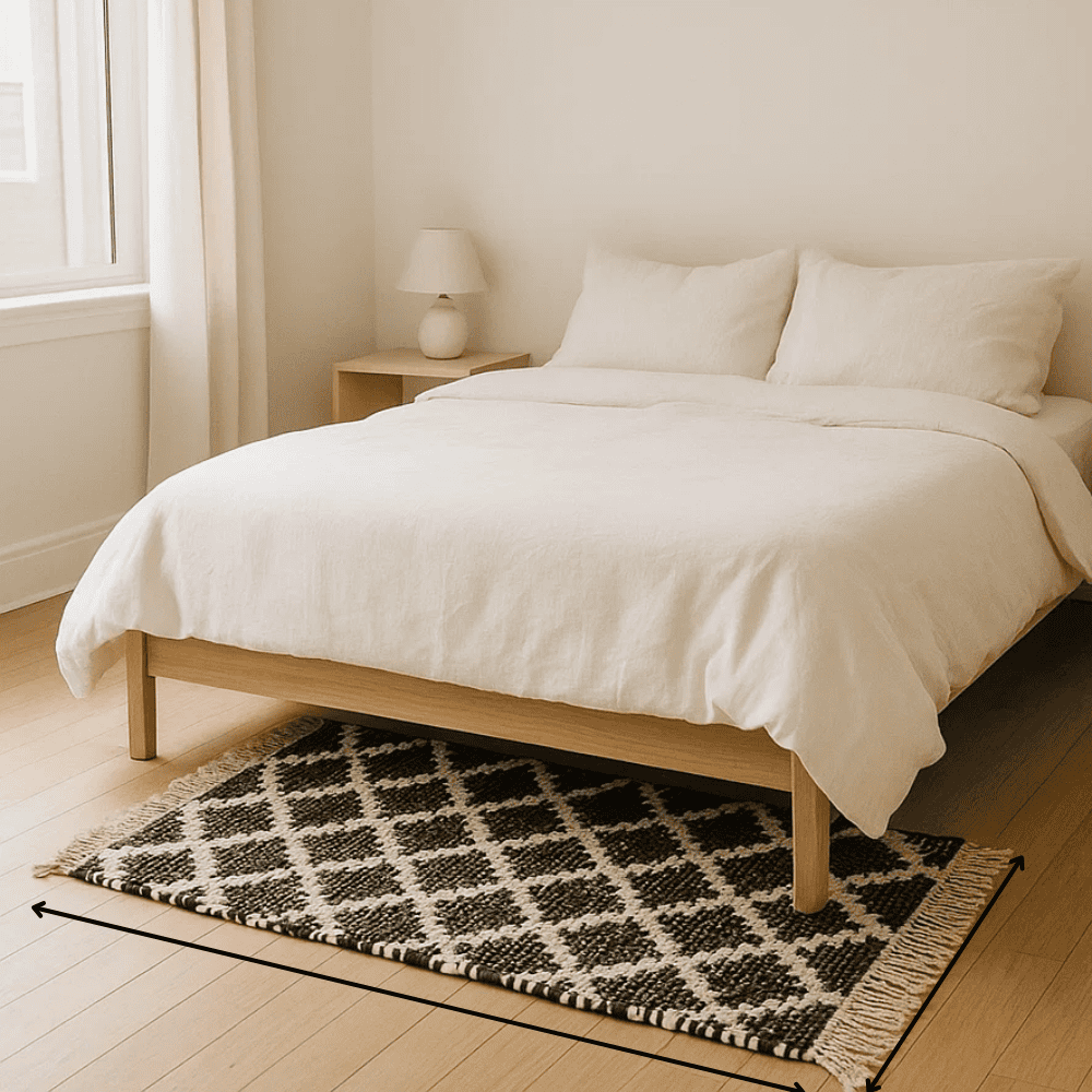 Monochrome lattice rug styled on a floor