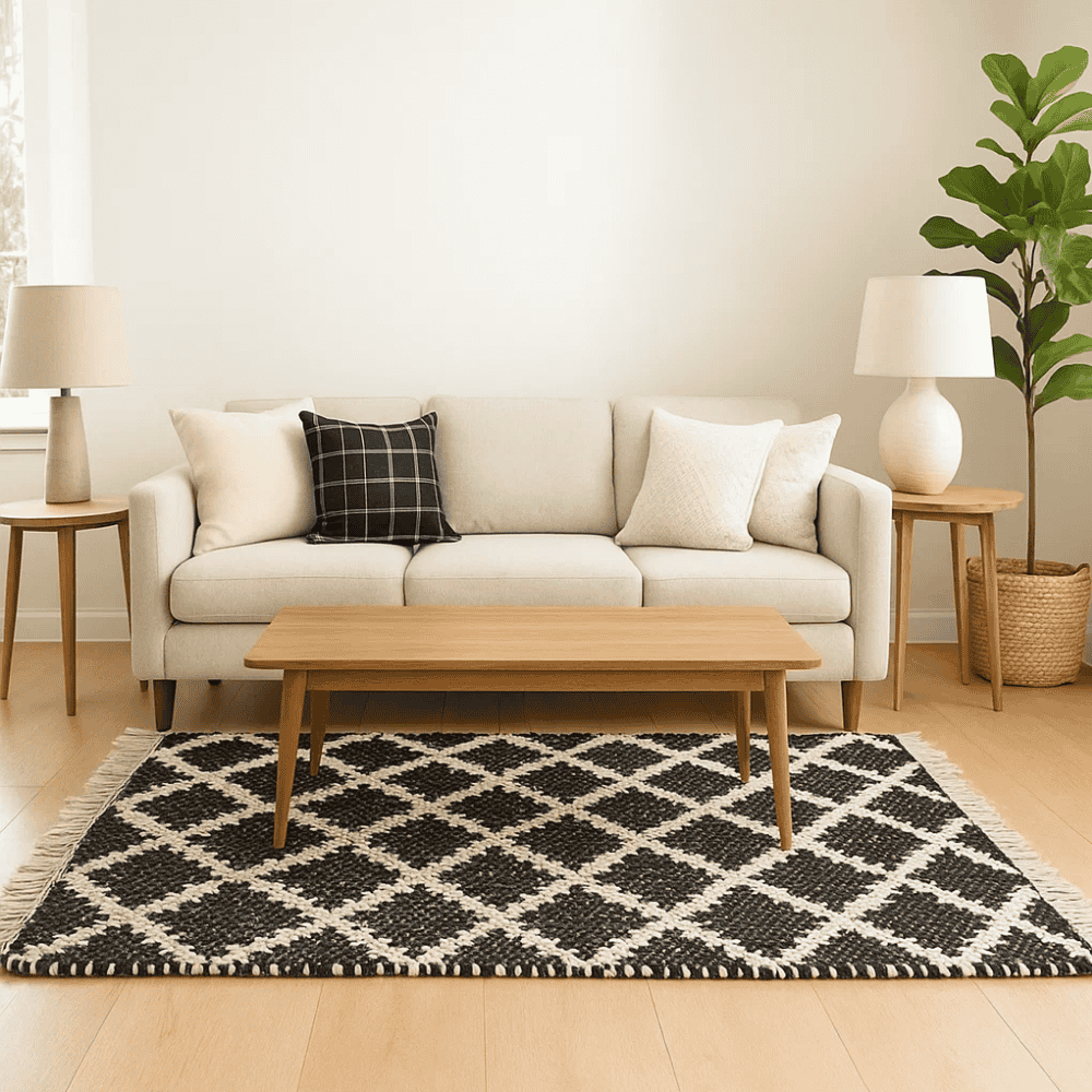 Angled view of the handwoven cotton rug