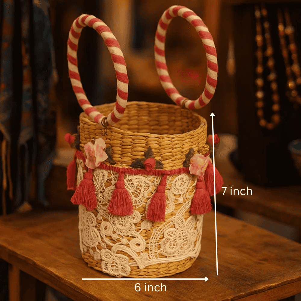 Floral Lace Tasseled Woven Bucket Bag – Handcrafted Cane Elegance Gleemium