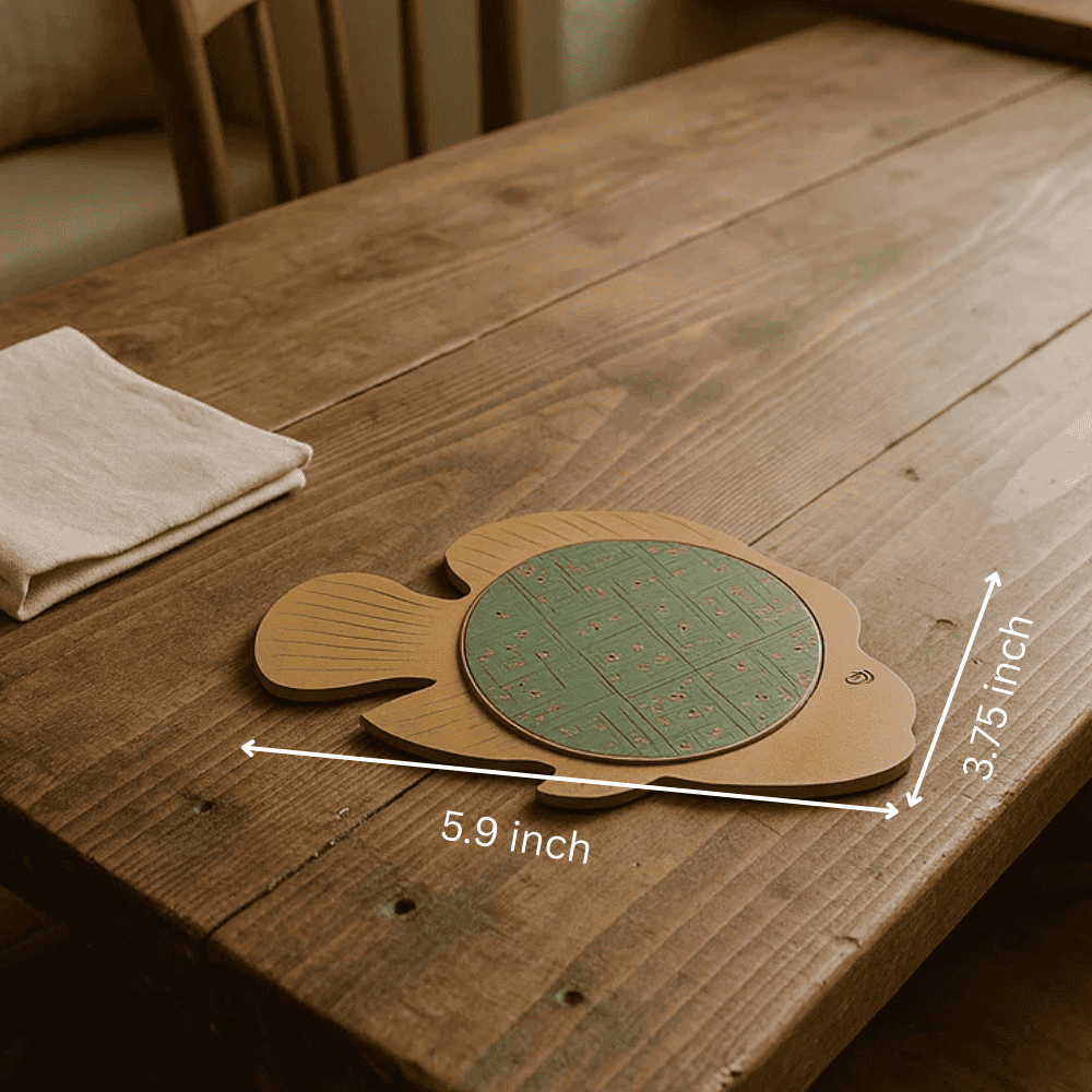 Fish shaped coaster styled with a drink