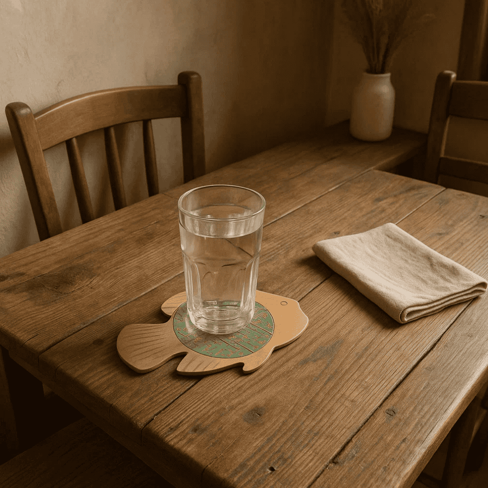 Fish shaped coaster at an angle