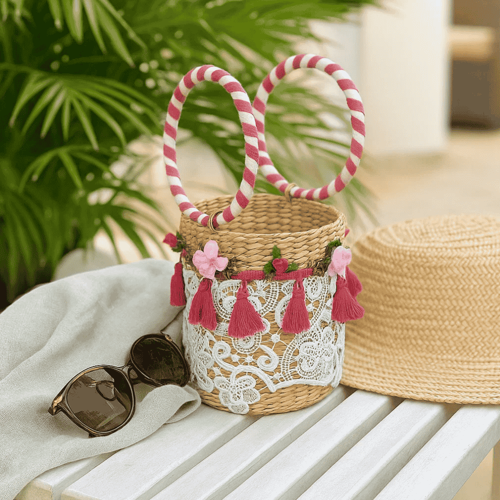 Floral Lace Tasseled Woven Bucket Bag – Handcrafted Cane Elegance Gleemium