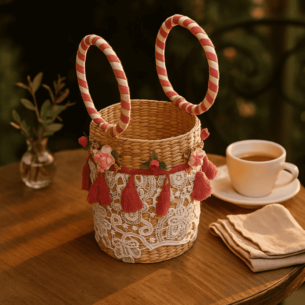 Floral Lace Tasseled Woven Bucket Bag – Handcrafted Cane Elegance Gleemium