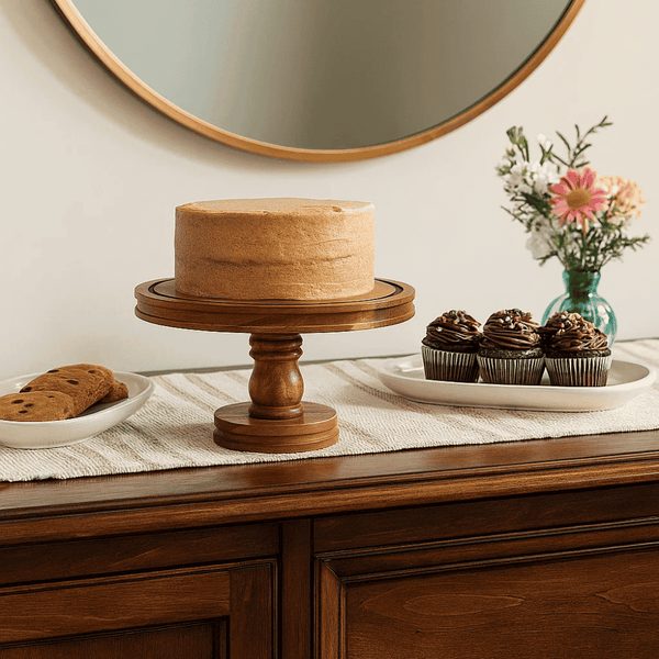 Farmhouse Raw Acacia Wood Cake Stand – Handcrafted Rustic Elegance
