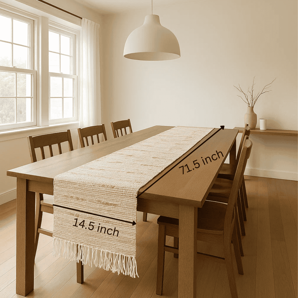 Earthy cotton table runner styled on a dining table
